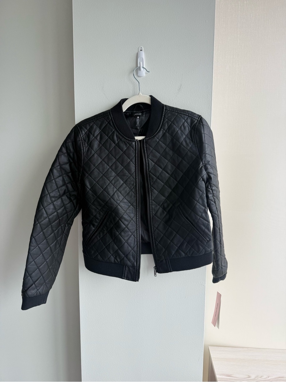 Aqua Black Quilted Diamond-Pattern Bomber Jacket